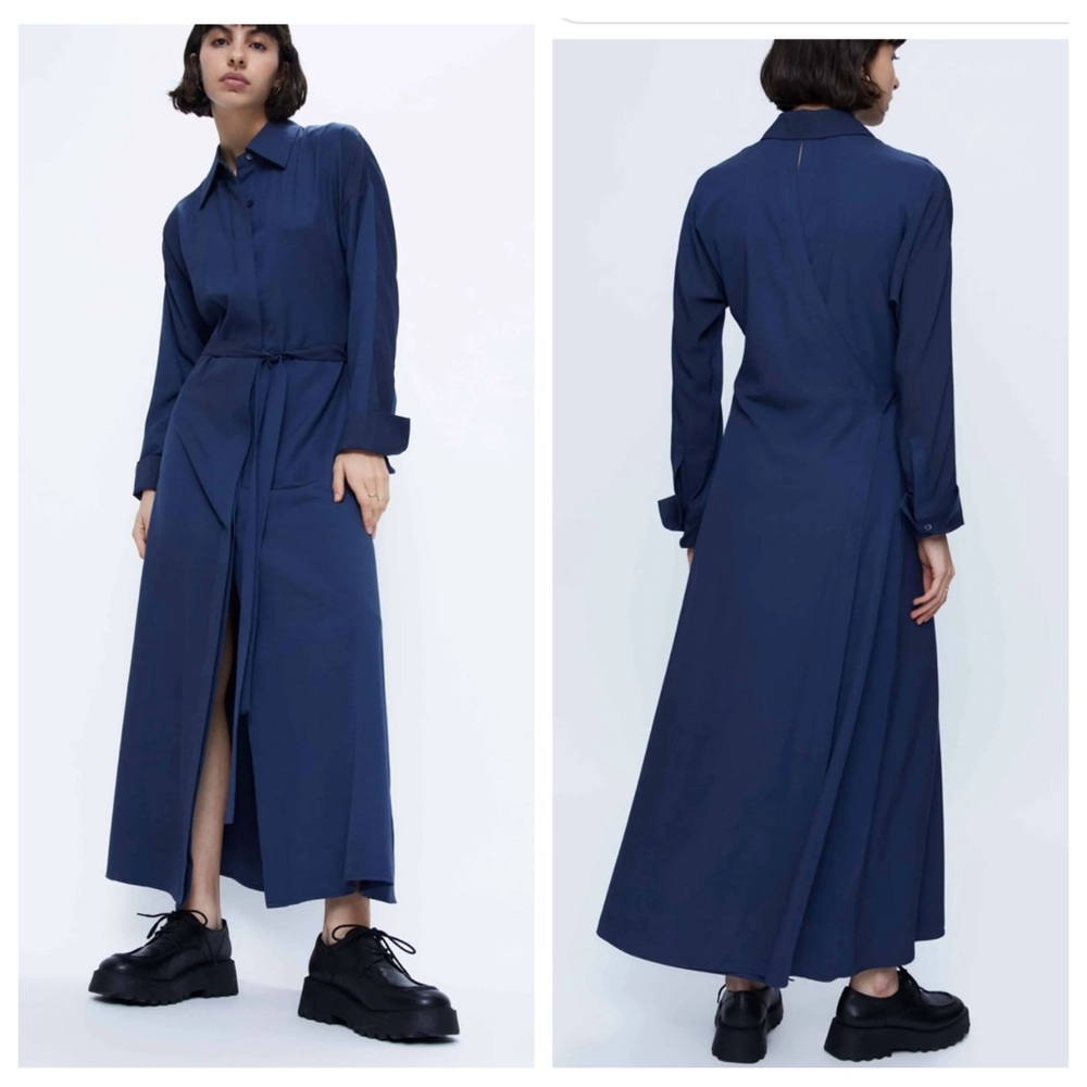 Wild Pony Long Satin Shirt Dress, Navy